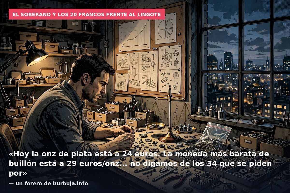 El soberano y los 20 francos frente al lingote: «Hoy la onz de plata está a 24 euros. La moneda más barata de buillón está a 29 euros/onz... no digamos de los 34 que se piden por» — un forero de burbuja.info