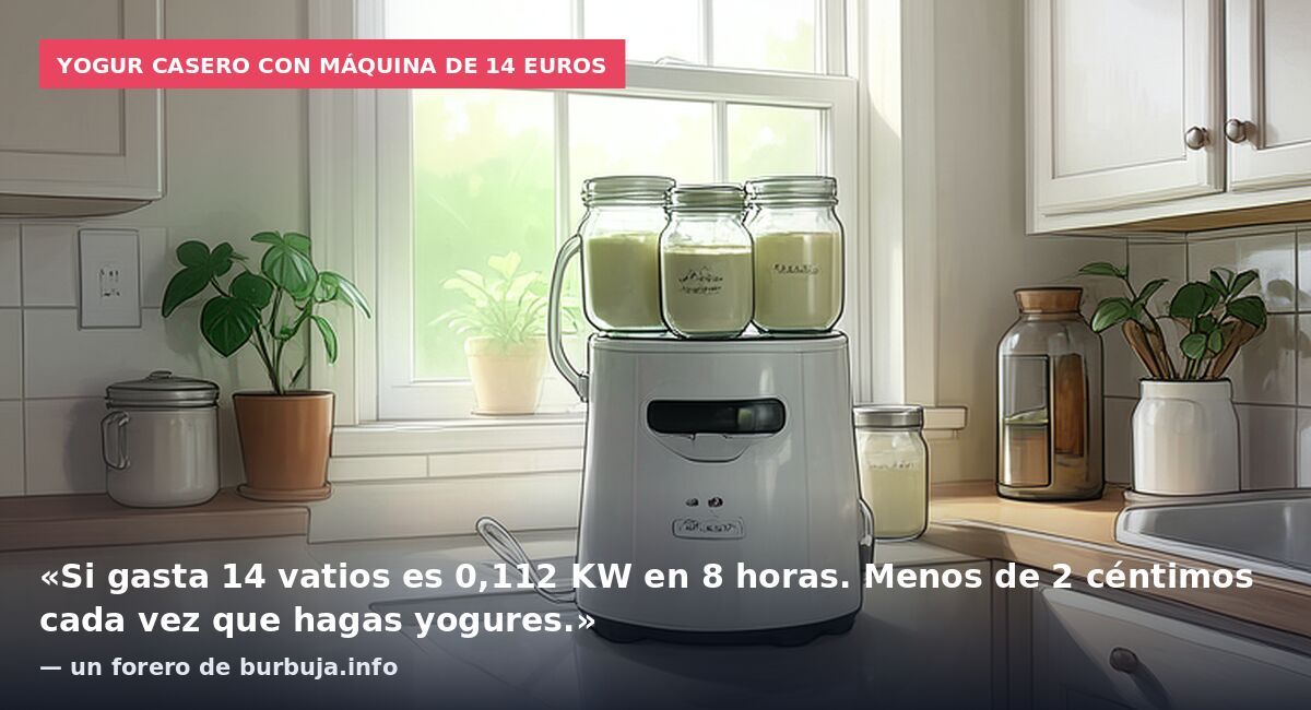 Yogur casero con máquina de 14 euros: «Si gasta 14 vatios es 0,112 KW en 8 horas. Menos de 2 céntimos cada vez que hagas yogures.» — un forero de burbuja.info