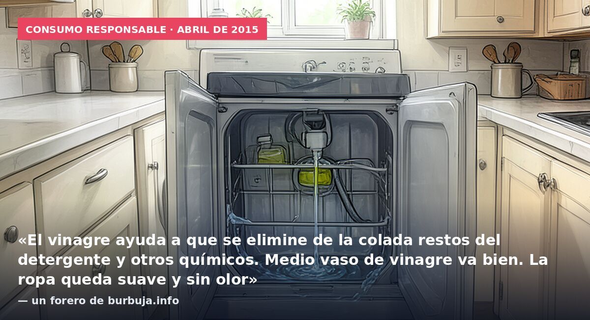 Consumo responsable · abril de 2015: «El vinagre ayuda a que se elimine de la colada restos del detergente y otros químicos. Medio vaso de vinagre va bien. La ropa queda suave y sin olor» — un forero de burbuja.info