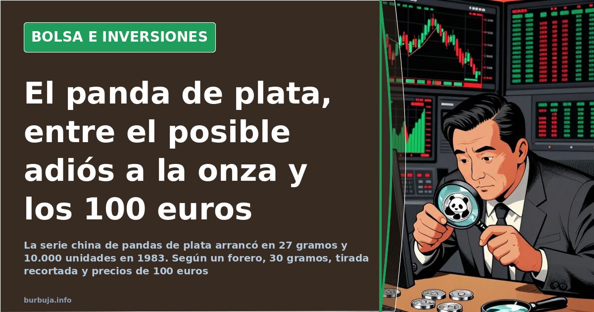 Moneda de plata con un panda sobre gráfico de velas japonesas en terminal financiera oscura con destellos verdes y rojos