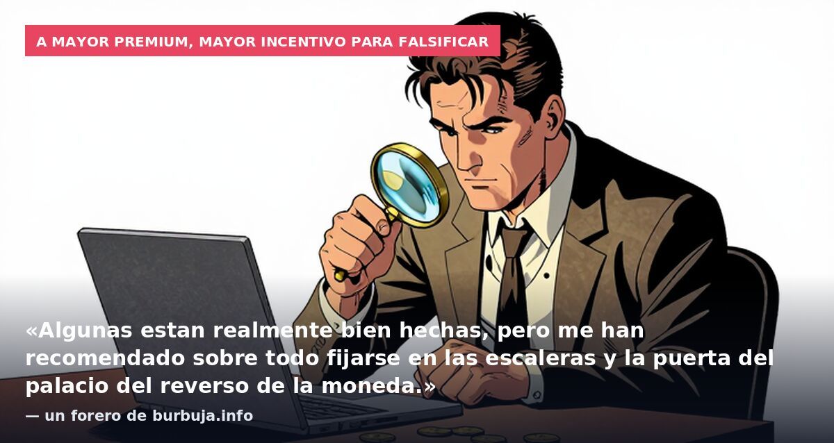 A mayor premium, mayor incentivo para falsificar: «Algunas estan realmente bien hechas, pero me han recomendado sobre todo fijarse en las escaleras y la puerta del palacio del reverso de la moneda.» — un forero de burbuja.info