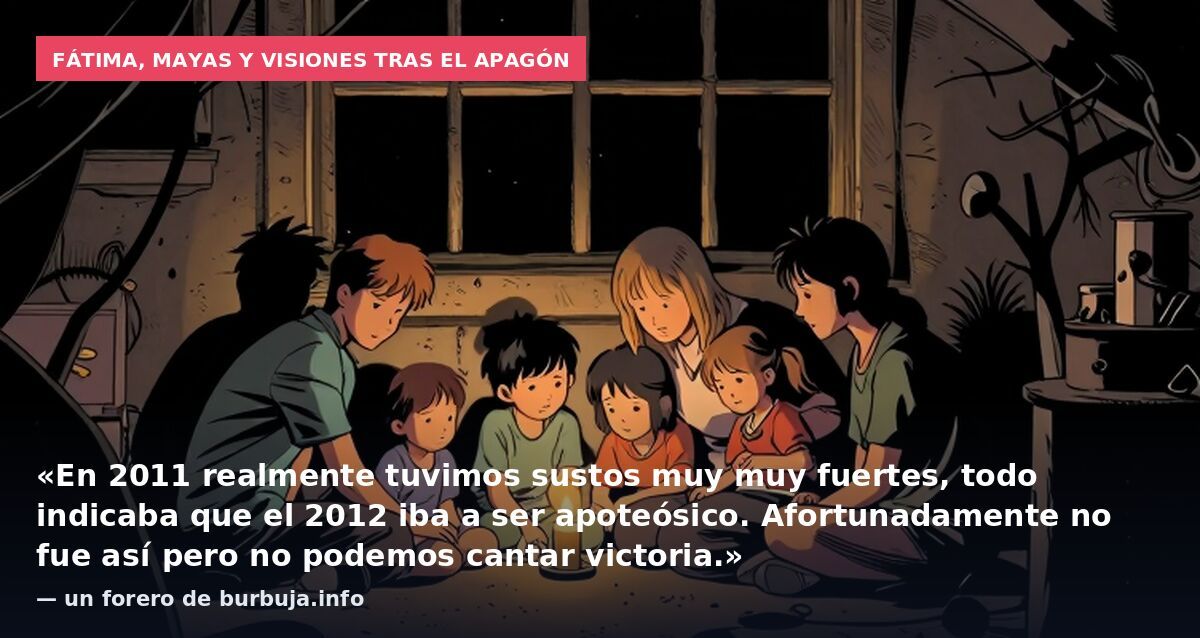 Fátima, mayas y visiones tras el apagón: «En 2011 realmente tuvimos sustos muy muy fuertes, todo indicaba que el 2012 iba a ser apoteósico. Afortunadamente no fue así pero no podemos cantar victoria.» — un forero de burbuja.info