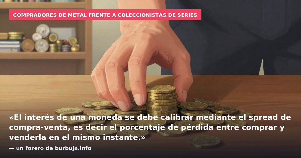 Compradores de metal frente a coleccionistas de series: «El interés de una moneda se debe calibrar mediante el spread de compra-venta, es decir el porcentaje de pérdida entre comprar y venderla en el mismo instante.» — un forero de burbuja.info