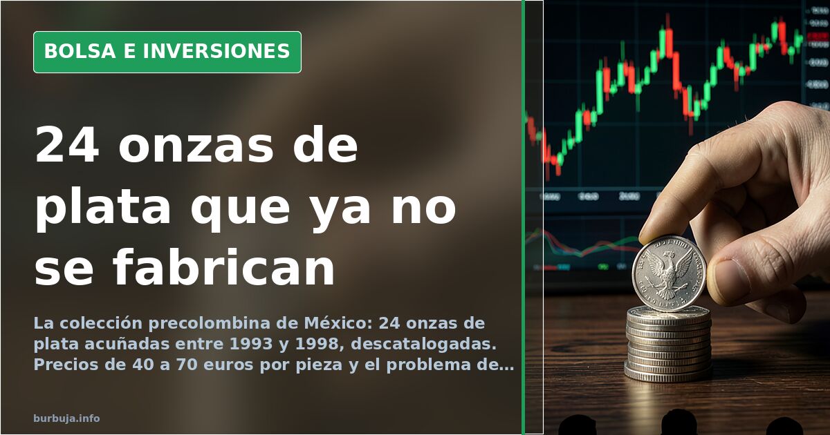 Monedas de plata precolombinas de México con motivos aztecas y mayas sobre fondo oscuro de gráficos financieros