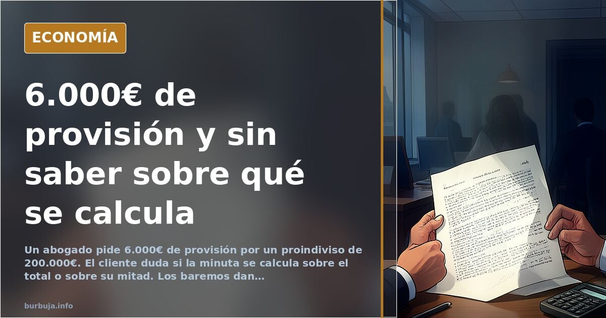 Ilustración editorial de una balanza de la justicia sobre documentos de una demanda de proindiviso y una vivienda tasada en 2