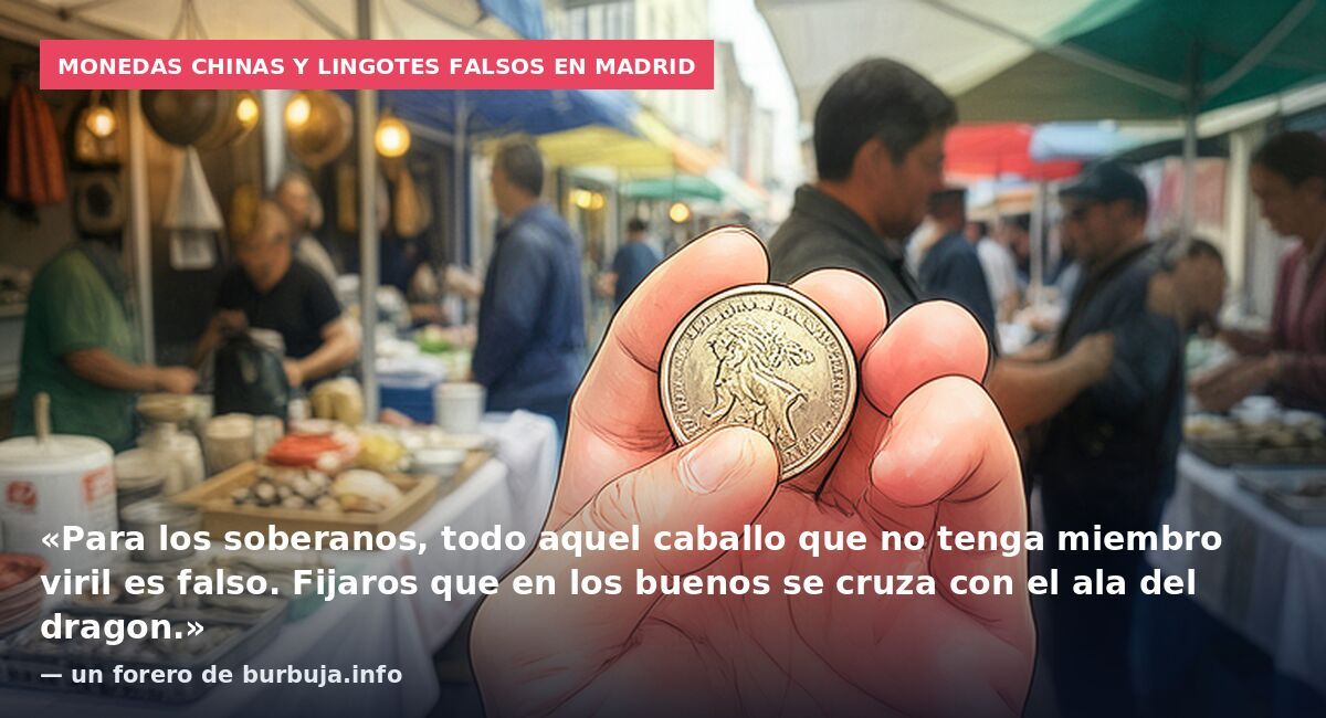 Monedas chinas y lingotes falsos en Madrid: «Para los soberanos, todo aquel caballo que no tenga miembro viril es falso. Fijaros que en los buenos se cruza con el ala del dragon.» — un forero de burbuja.info