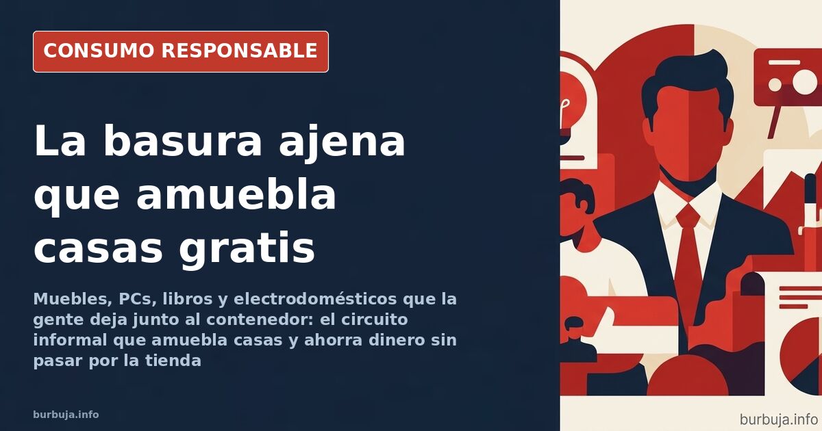 Muebles y objetos aprovechables junto a un contenedor de basura en una acera urbana, listos para ser recogidos por lonchafini