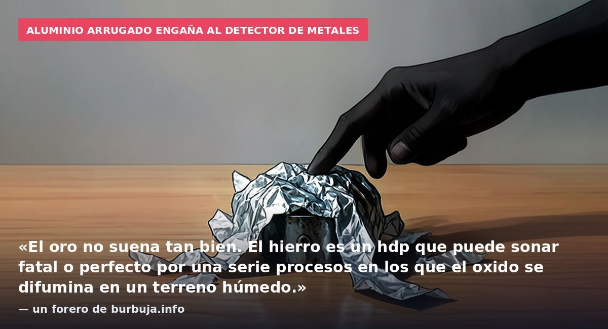 Aluminio arrugado engaña al detector de metales: «El oro no suena tan bien. El hierro es un hdp que puede sonar fatal o perfecto por una serie procesos en los que el oxido se difumina en un terreno húmedo.» — un forero de burbuja.info