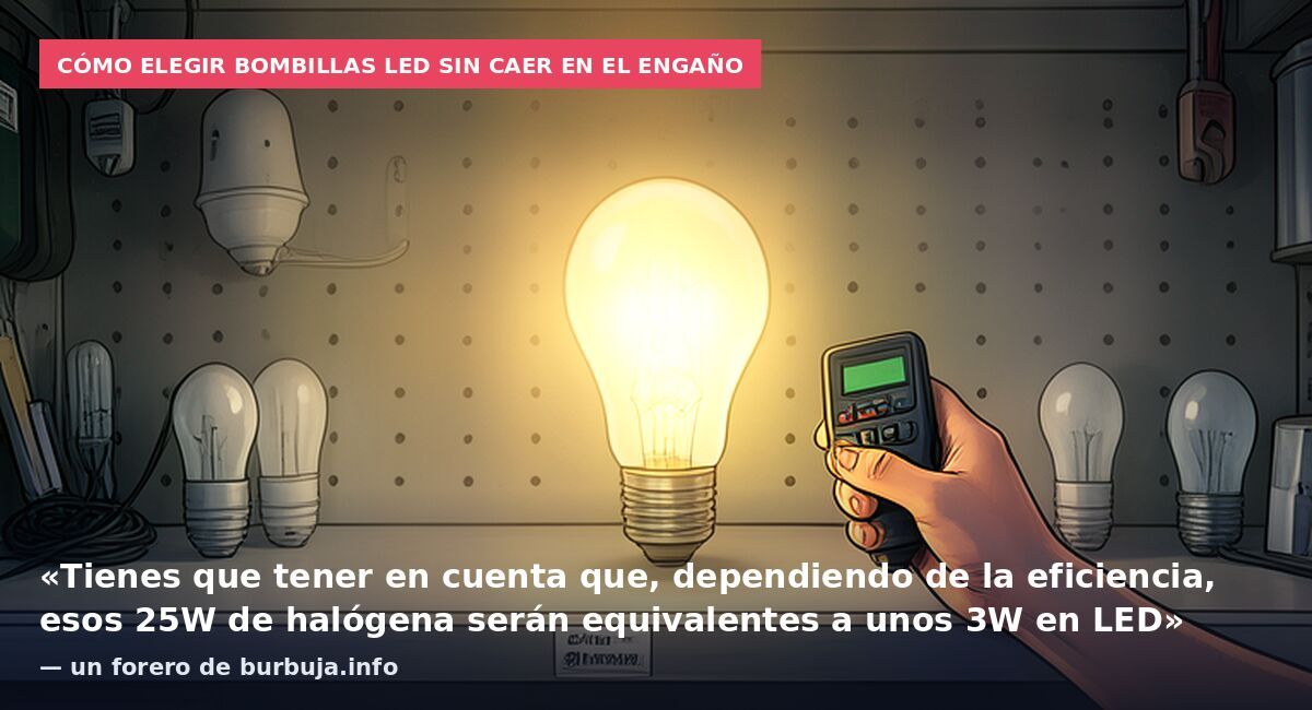 Cómo elegir bombillas LED sin caer en el engaño: «Tienes que tener en cuenta que, dependiendo de la eficiencia, esos 25W de halógena serán equivalentes a unos 3W en LED» — un forero de burbuja.info
