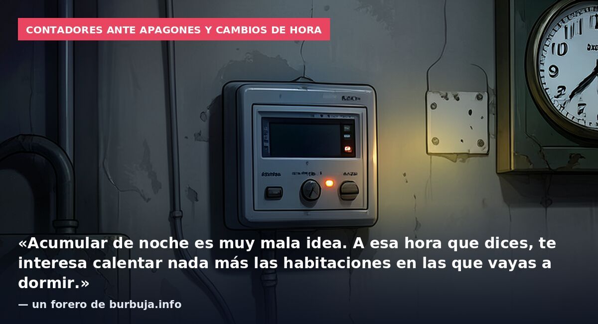 Contadores ante apagones y cambios de hora: «Acumular de noche es muy mala idea. A esa hora que dices, te interesa calentar nada más las habitaciones en las que vayas a dormir.» — un forero de burbuja.info