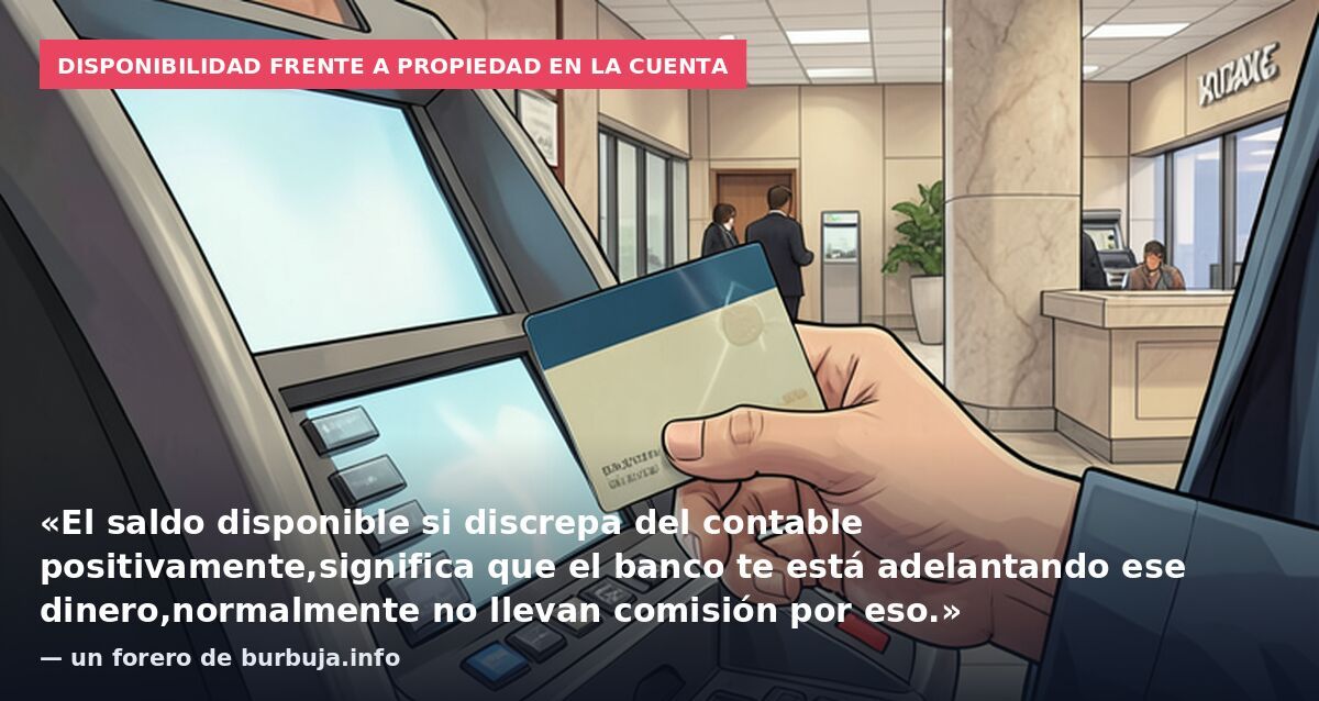 Disponibilidad frente a propiedad en la cuenta: «El saldo disponible si discrepa del contable positivamente,significa que el banco te está adelantando ese dinero,normalmente no llevan comisión por eso.» — un forero de burbuja.info