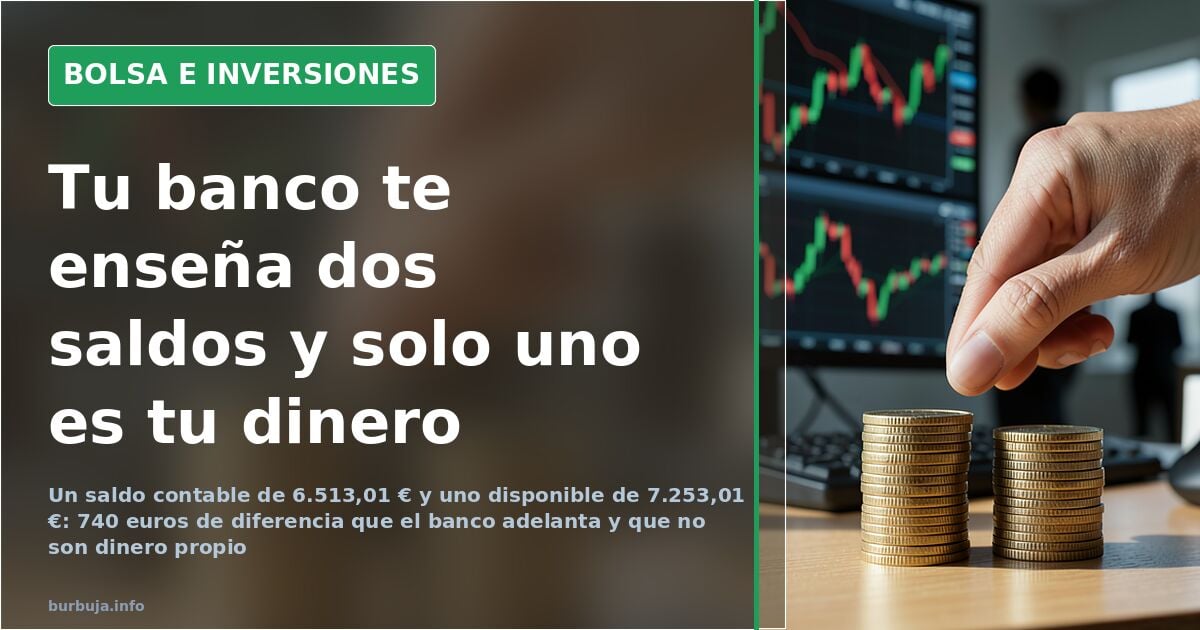 Pantalla de banca online con dos cifras de saldo contable y disponible y una gráfica de movimientos en verde y rojo
