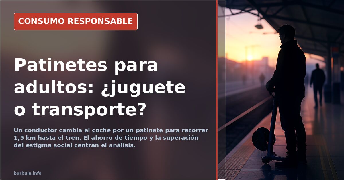 Hombre adulto con patinete plegable en un andén de tren, listo para subir al convoy