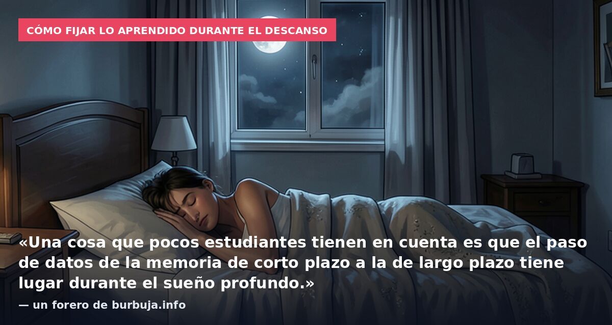 Cómo fijar lo aprendido durante el descanso: «Una cosa que pocos estudiantes tienen en cuenta es que el paso de datos de la memoria de corto plazo a la de largo plazo tiene lugar durante el sueño profundo.» — un forero de burbuja.info