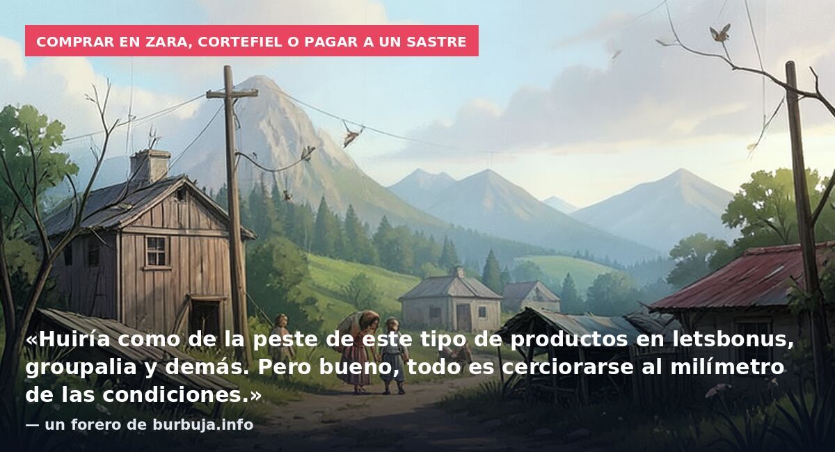Comprar en Zara, Cortefiel o pagar a un sastre: «Huiría como de la peste de este tipo de productos en letsbonus, groupalia y demás. Pero bueno, todo es cerciorarse al milímetro de las condiciones.» — un forero de burbuja.info