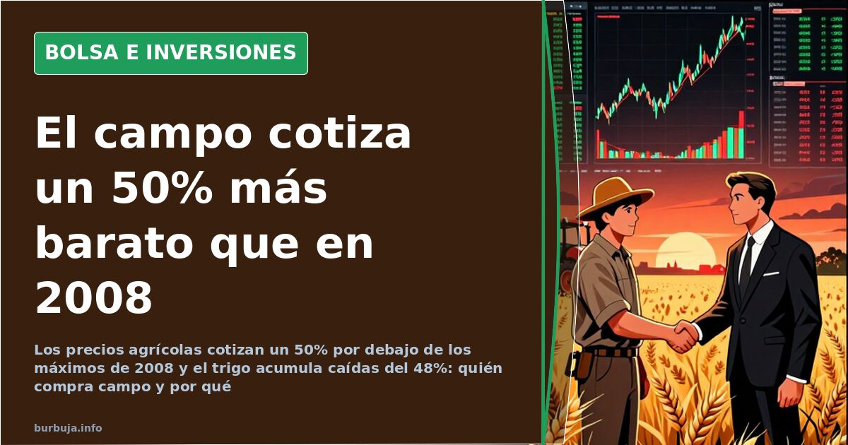 Gráfico de velas japonesas sobre fondo oscuro con la evolución de precios de materias primas agrícolas como trigo, maíz y soj