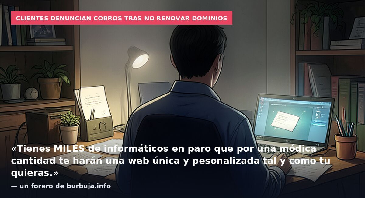 Clientes denuncian cobros tras no renovar dominios: «Tienes MILES de informáticos en paro que por una módica cantidad te harán una web única y pesonalizada tal y como tu quieras.» — un forero de burbuja.info