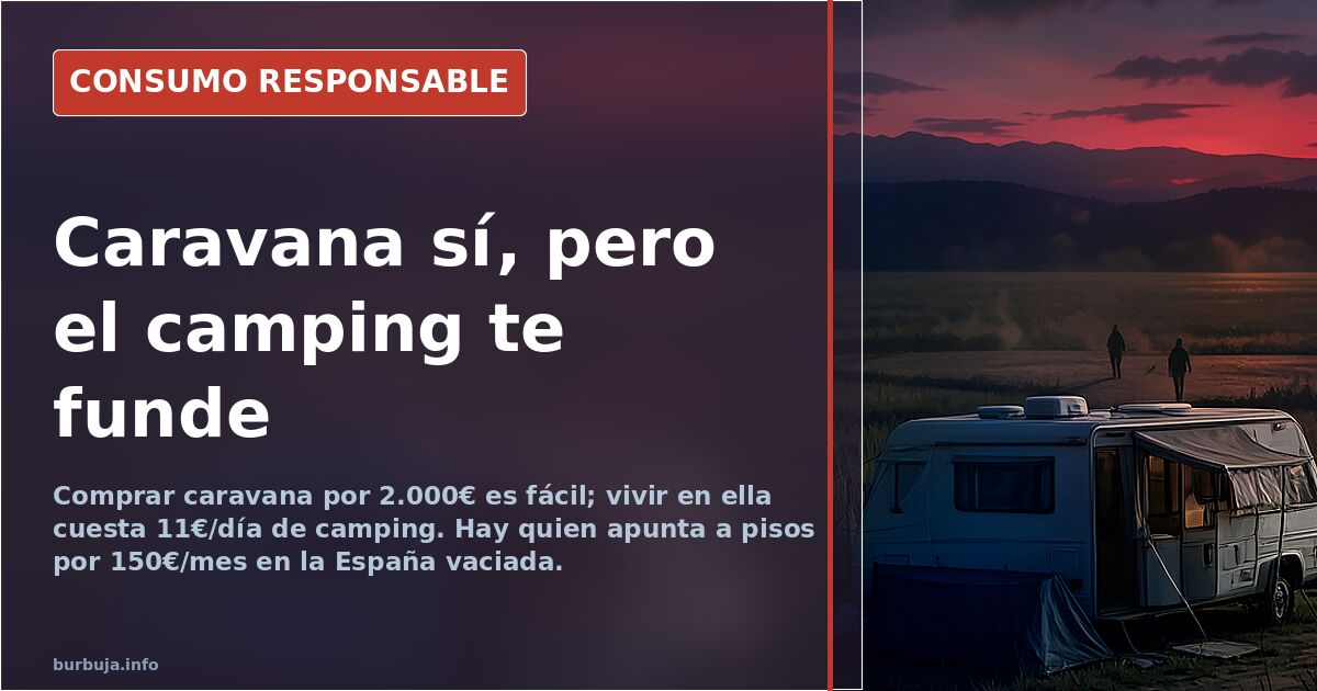 Caravana de segunda mano aparcada en un camping con enganche eléctrico y bombona de propano junto a la puerta