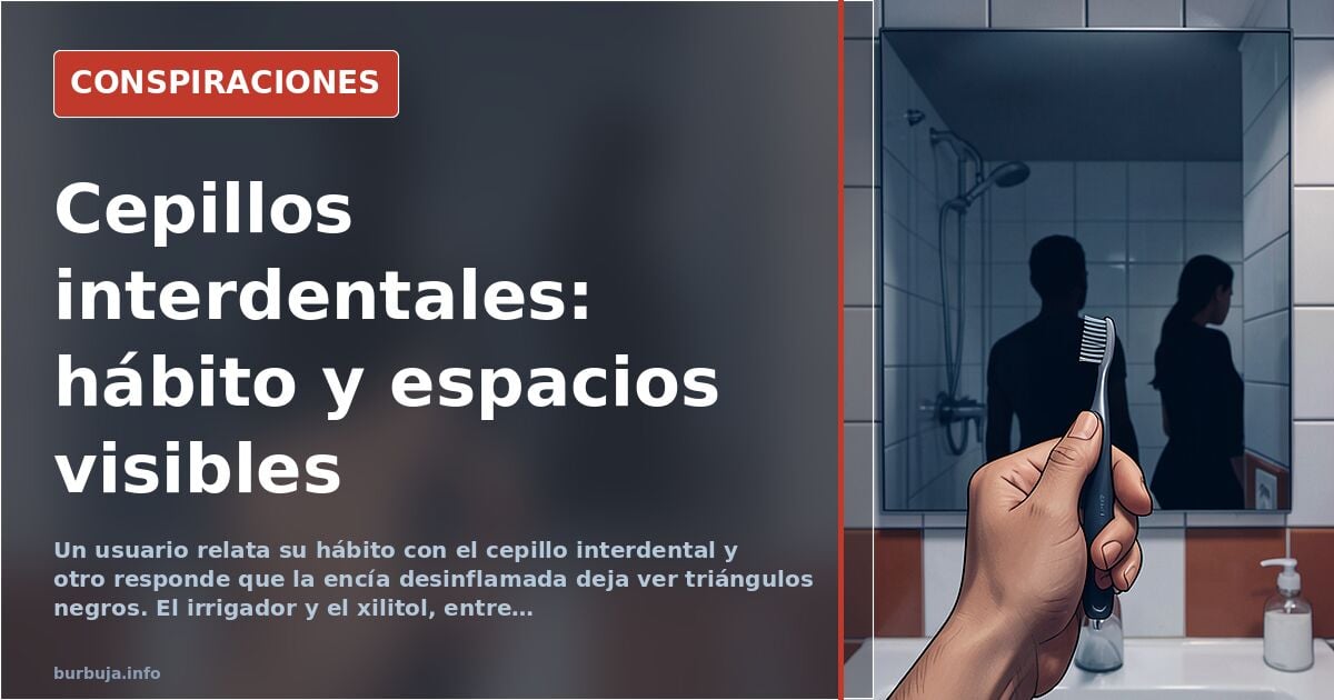Cepillo interdental sobre fondo blanco junto a un espejo de baño, ilustrando el debate sobre salud dental y hábito