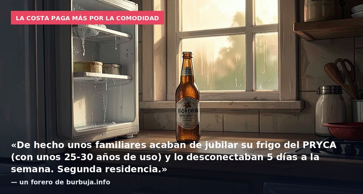 La costa paga más por la comodidad: «De hecho unos familiares acaban de jubilar su frigo del PRYCA (con unos 25-30 años de uso) y lo desconectaban 5 días a la semana. Segunda residencia.» — un forero de burbuja.info