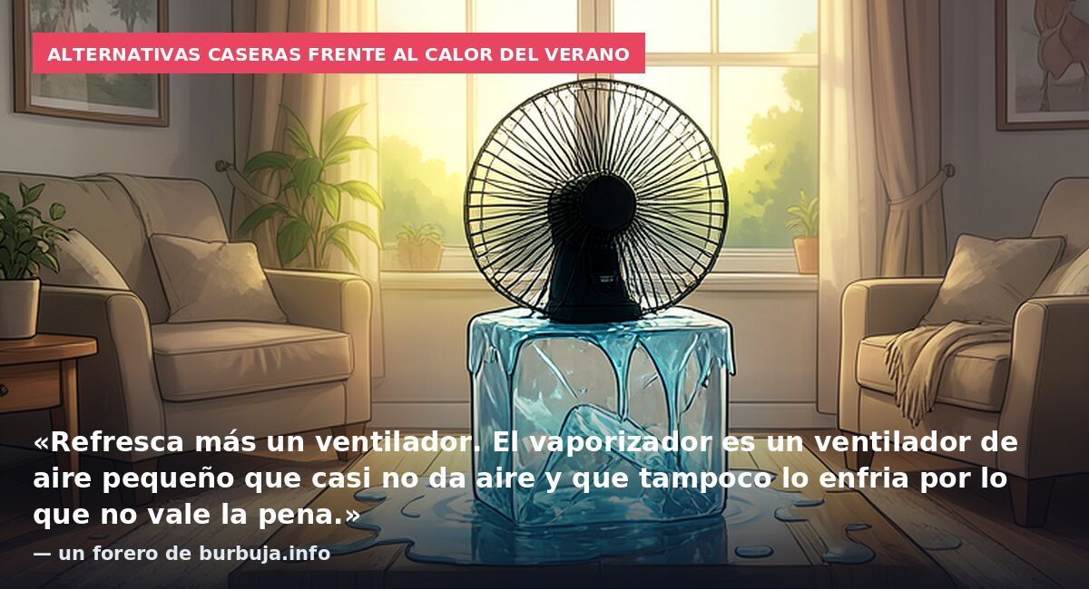 Alternativas caseras frente al calor del verano: «Refresca más un ventilador. El vaporizador es un ventilador de aire pequeño que casi no da aire y que tampoco lo enfria por lo que no vale la pena.» — un forero de burbuja.info
