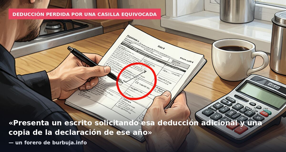Deducción perdida por una casilla equivocada: «Presenta un escrito solicitando esa deducción adicional y una copia de la declaración de ese año» — un forero de burbuja.info
