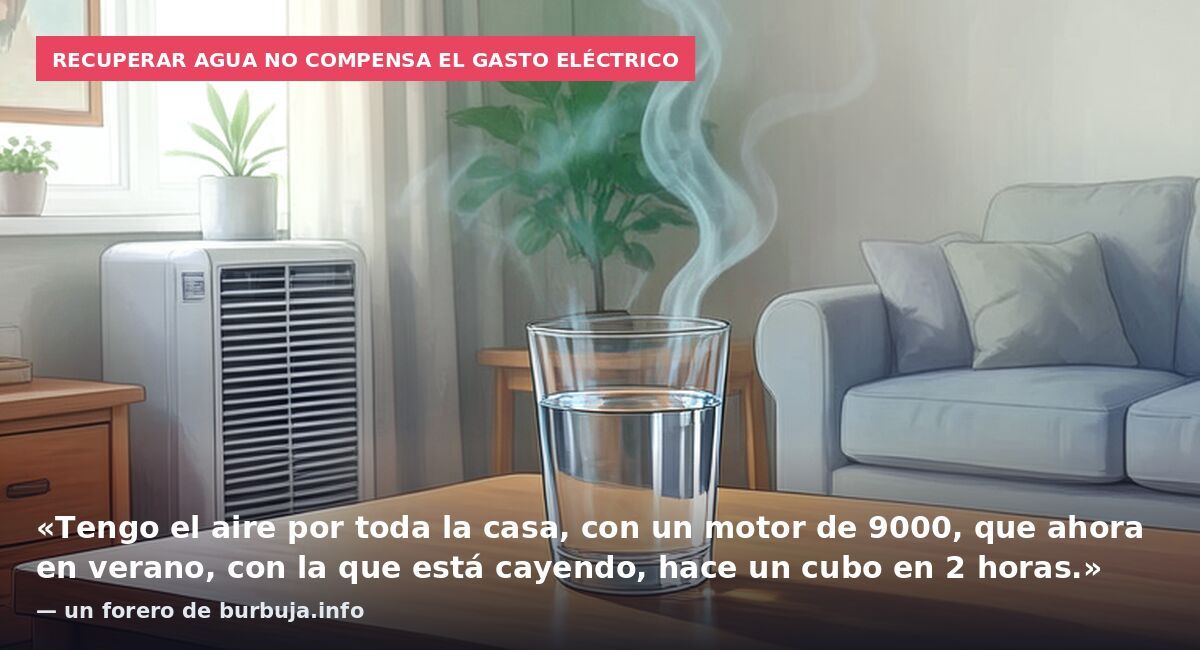 Recuperar agua no compensa el gasto eléctrico: «Tengo el aire por toda la casa, con un motor de 9000, que ahora en verano, con la que está cayendo, hace un cubo en 2 horas.» — un forero de burbuja.info