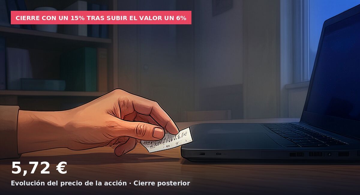 Cierre con un 15% tras subir el valor un 6%: 5,72 € Evolución del precio de la acción · Cierre posterior