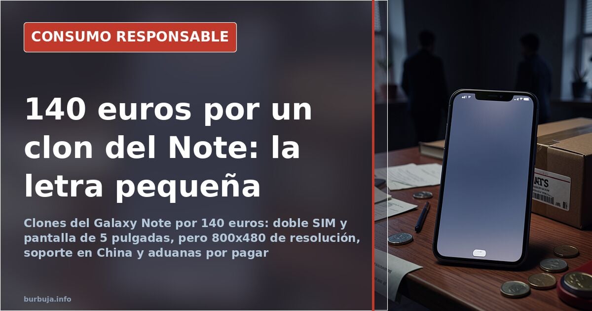 Smartphone clon chino de pantalla grande junto a su caja, mostrando el diseño tipo Galaxy Note