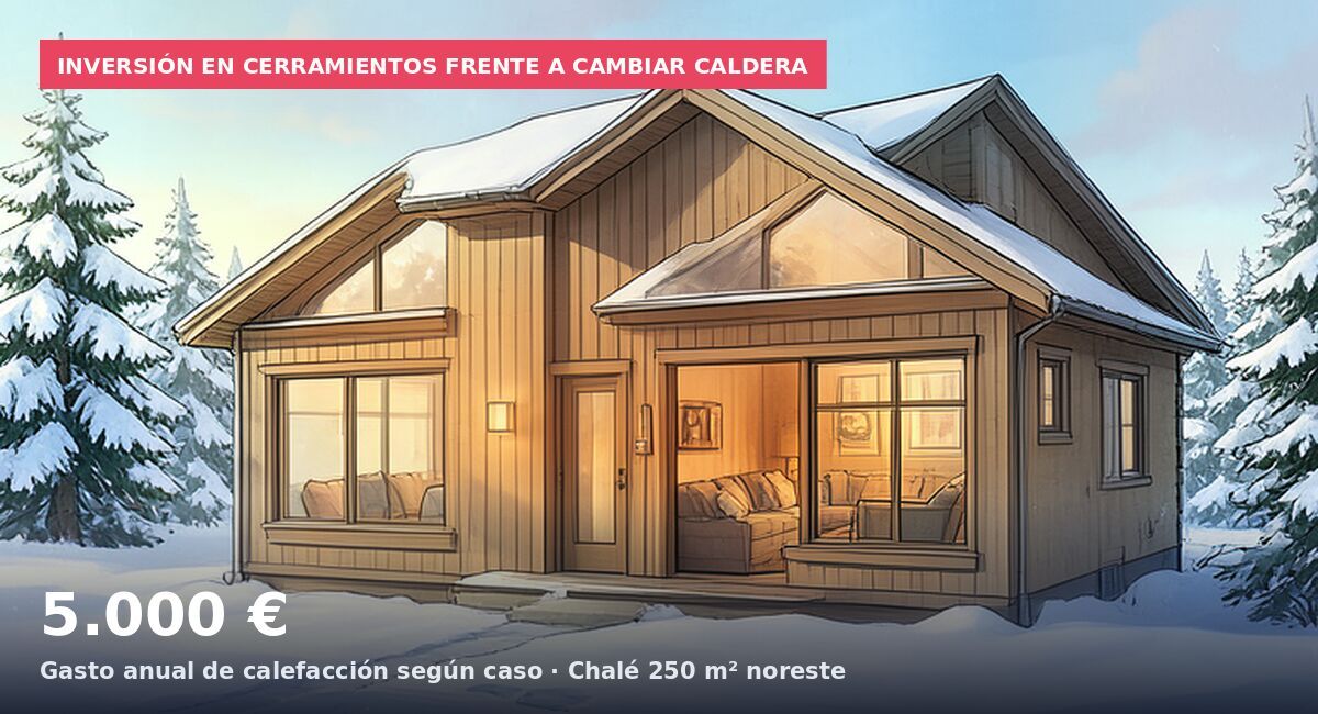 Inversión en cerramientos frente a cambiar caldera: 5.000 € Gasto anual de calefacción según caso · Chalé 250 m² noreste