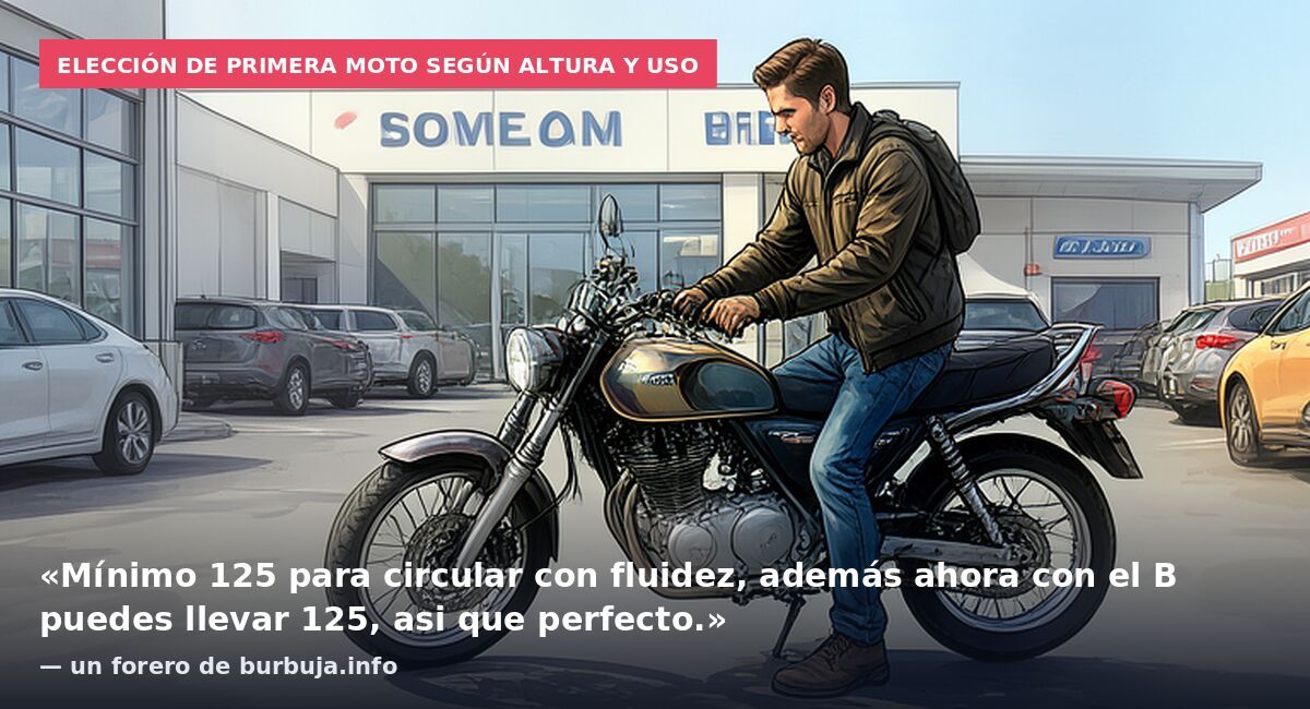 Elección de primera moto según altura y uso: «Mínimo 125 para circular con fluidez, además ahora con el B puedes llevar 125, asi que perfecto.» — un forero de burbuja.info