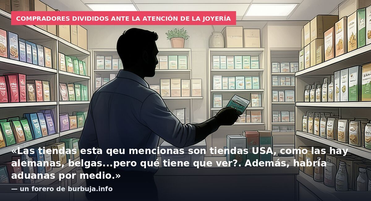 Compradores divididos ante la atención de la joyería: «Las tiendas esta qeu mencionas son tiendas USA, como las hay alemanas, belgas...pero qué tiene que ver?. Además, habría aduanas por medio.» — un forero de burbuja.info