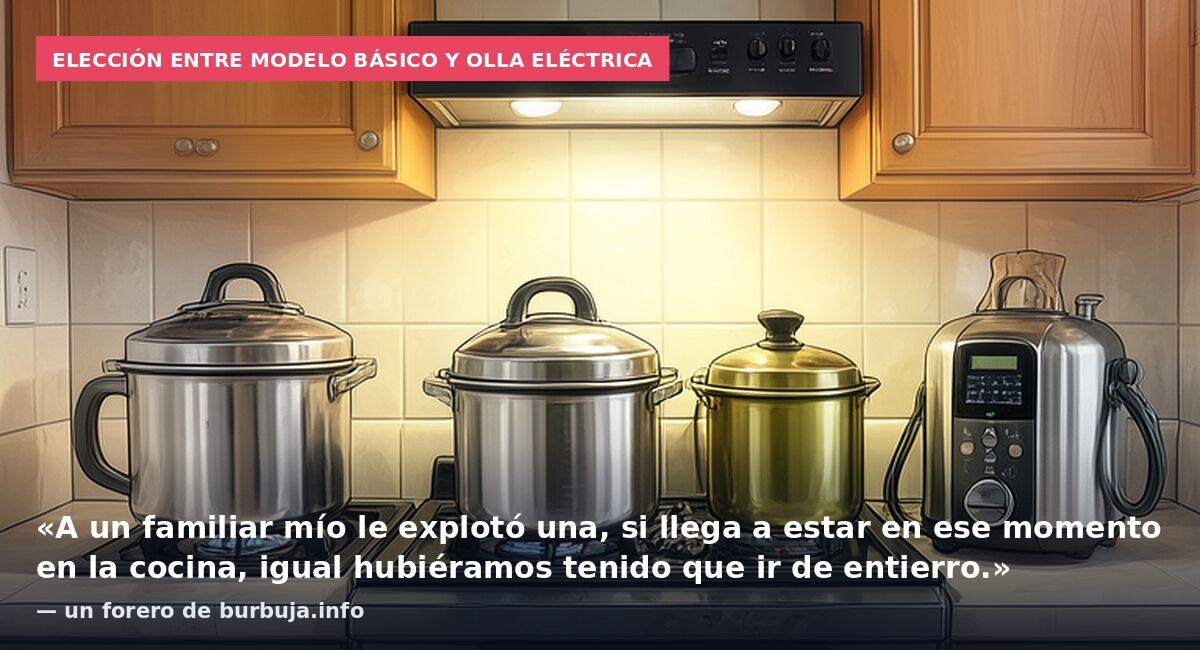 Elección entre modelo básico y olla eléctrica: «A un familiar mío le explotó una, si llega a estar en ese momento en la cocina, igual hubiéramos tenido que ir de entierro.» — un forero de burbuja.info