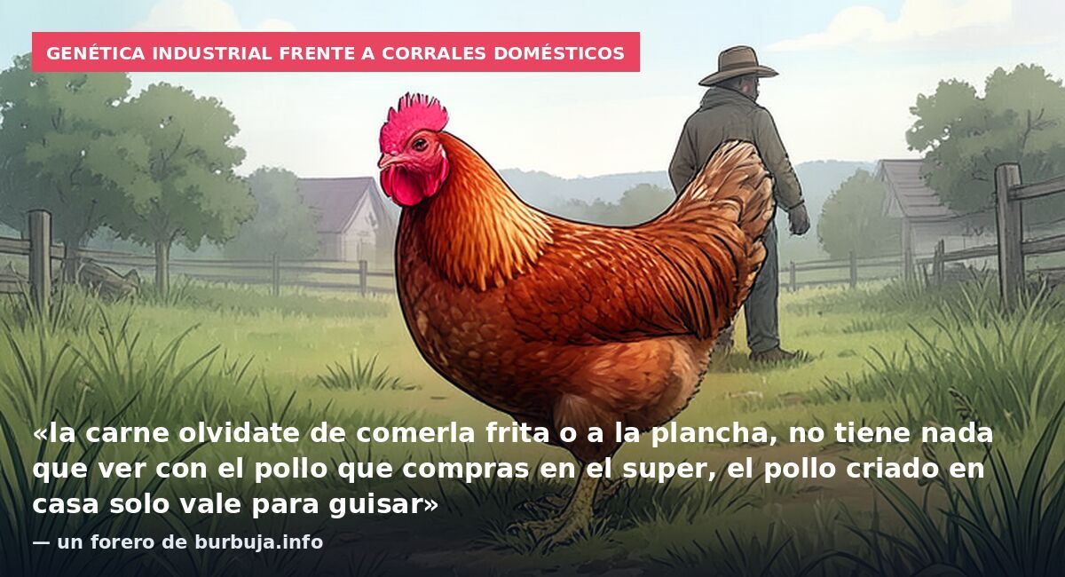 Genética industrial frente a corrales domésticos: «la carne olvidate de comerla frita o a la plancha, no tiene nada que ver con el pollo que compras en el super, el pollo criado en casa solo vale para guisar» — un forero de burbuja.info