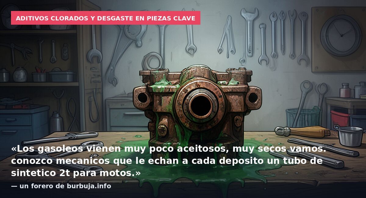 Aditivos clorados y desgaste en piezas clave: «Los gasoleos vienen muy poco aceitosos, muy secos vamos. conozco mecanicos que le echan a cada deposito un tubo de sintetico 2t para motos.» — un forero de burbuja.info