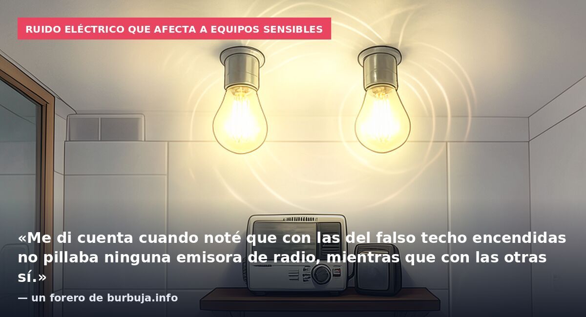 Ruido eléctrico que afecta a equipos sensibles: «Me di cuenta cuando noté que con las del falso techo encendidas no pillaba ninguna emisora de radio, mientras que con las otras sí.» — un forero de burbuja.info