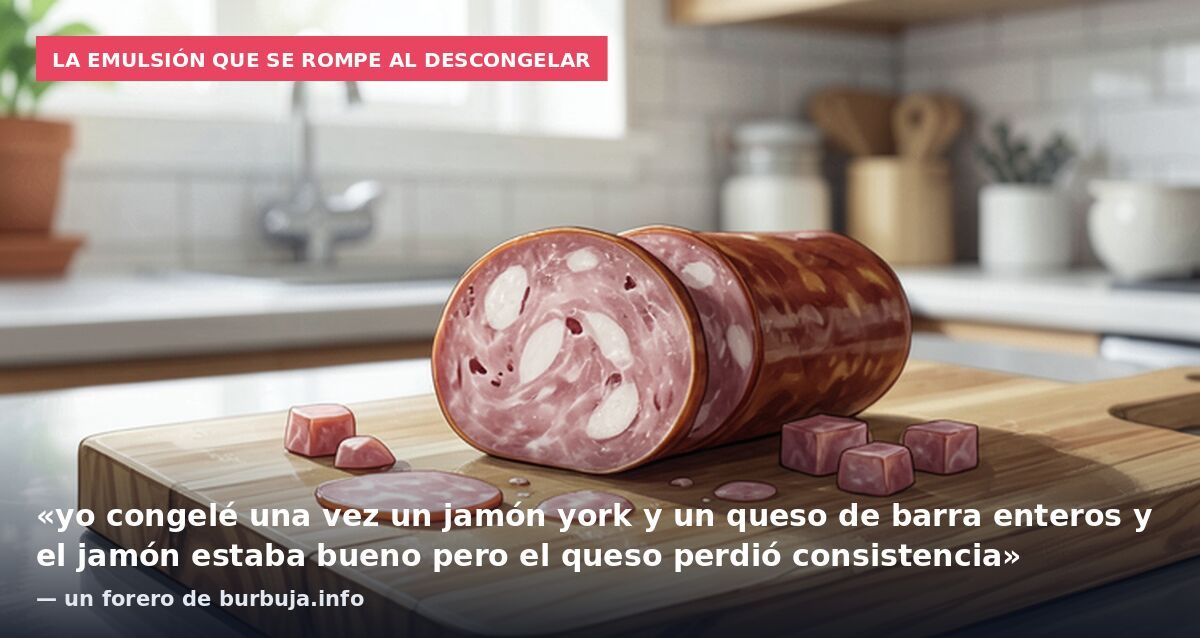 La emulsión que se rompe al descongelar: «yo congelé una vez un jamón york y un queso de barra enteros y el jamón estaba bueno pero el queso perdió consistencia» — un forero de burbuja.info