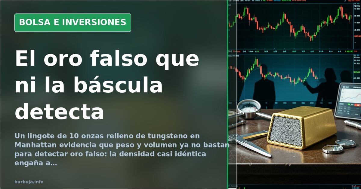 Lingote de oro falso con núcleo de tungsteno junto a una báscula de precisión y un imán de neodimio sobre fondo oscuro de grá