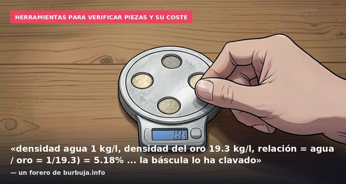Herramientas para verificar piezas y su coste: «densidad agua 1 kg/l, densidad del oro 19.3 kg/l, relación = agua / oro = 1/19.3) = 5.18% ... la báscula lo ha clavado» — un forero de burbuja.info