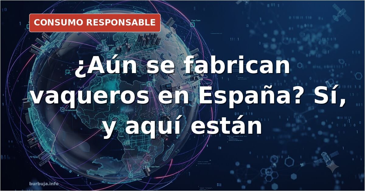 Vaquero azul clásico doblado sobre una mesa de taller con etiqueta made in Spain