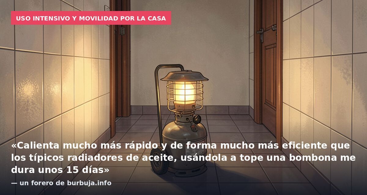 Uso intensivo y movilidad por la casa: «Calienta mucho más rápido y de forma mucho más eficiente que los típicos radiadores de aceite, usándola a tope una bombona me dura unos 15 días» — un forero de burbuja.info
