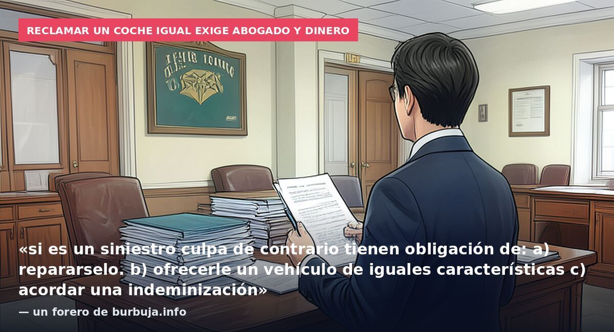 Reclamar un coche igual exige abogado y dinero: «si es un siniestro culpa de contrario tienen obligación de: a) repararselo. b) ofrecerle un vehículo de iguales características c) acordar una indeminización» — un forero de burbuja.info