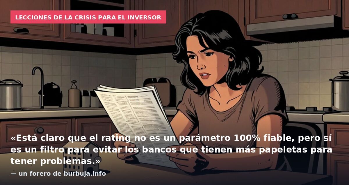 Lecciones de la crisis para el inversor: «Está claro que el rating no es un parámetro 100% fiable, pero sí es un filtro para evitar los bancos que tienen más papeletas para tener problemas.» — un forero de burbuja.info