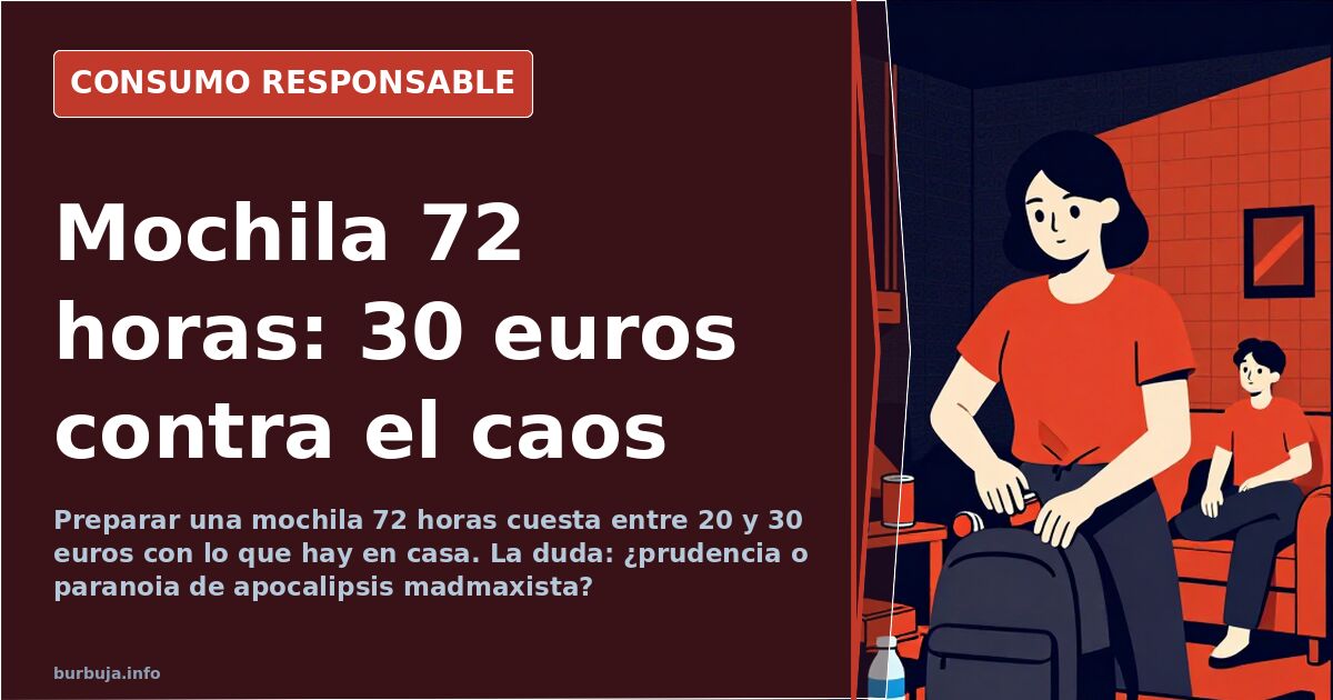 Mochila de emergencia con botella de agua, linterna, latas de conserva y botiquín lista para cubrir las 72 horas