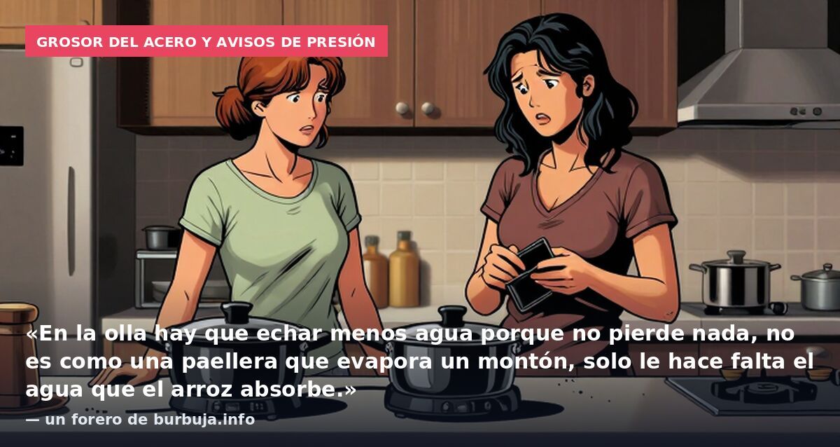 Grosor del acero y avisos de presión: «En la olla hay que echar menos agua porque no pierde nada, no es como una paellera que evapora un montón, solo le hace falta el agua que el arroz absorbe.» — un forero de burbuja.info