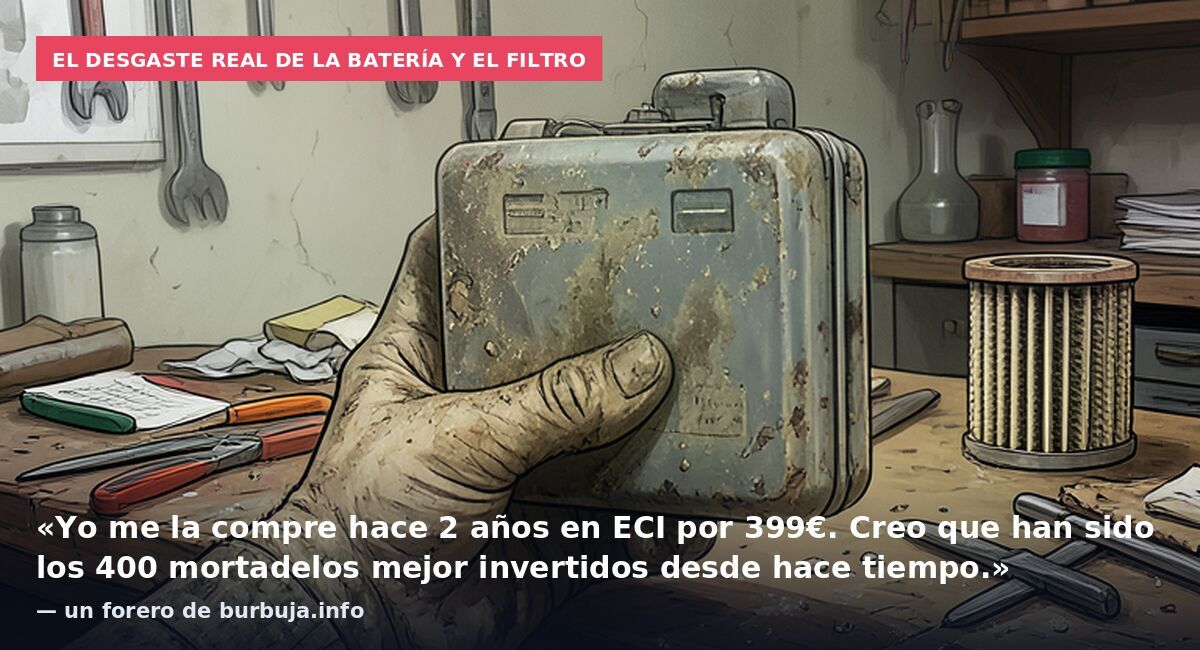 El desgaste real de la batería y el filtro: «Yo me la compre hace 2 años en ECI por 399€. Creo que han sido los 400 mortadelos mejor invertidos desde hace tiempo.» — un forero de burbuja.info