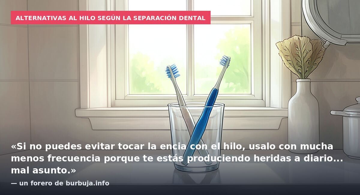 Alternativas al hilo según la separación dental: «Si no puedes evitar tocar la encia con el hilo, usalo con mucha menos frecuencia porque te estás produciendo heridas a diario... mal asunto.» — un forero de burbuja.info