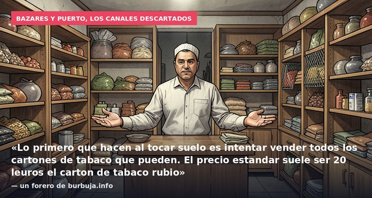 Bazares y puerto, los canales descartados: «Lo primero que hacen al tocar suelo es intentar vender todos los cartones de tabaco que pueden. El precio estandar suele ser 20 leuros el carton de tabaco rubio» — un forero de burbuja.info
