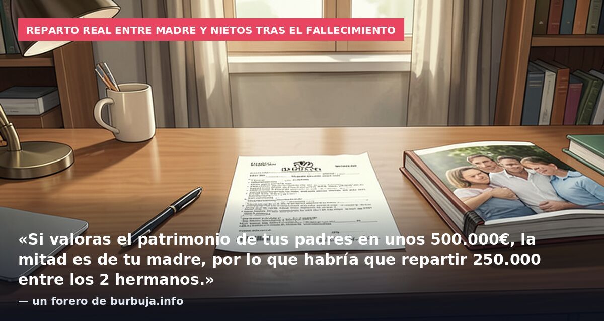 Reparto real entre madre y nietos tras el fallecimiento: «Si valoras el patrimonio de tus padres en unos 500.000€, la mitad es de tu madre, por lo que habría que repartir 250.000 entre los 2 hermanos.» — un forero de burbuja.info