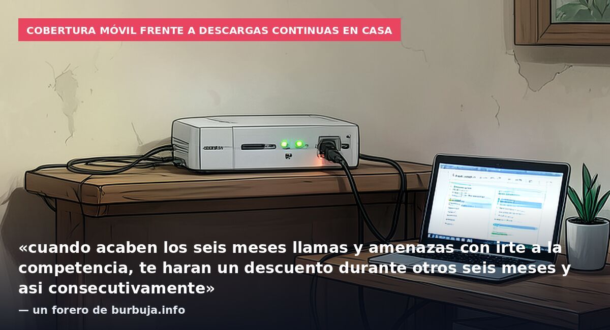 Cobertura móvil frente a descargas continuas en casa: «cuando acaben los seis meses llamas y amenazas con irte a la competencia, te haran un descuento durante otros seis meses y asi consecutivamente» — un forero de burbuja.info